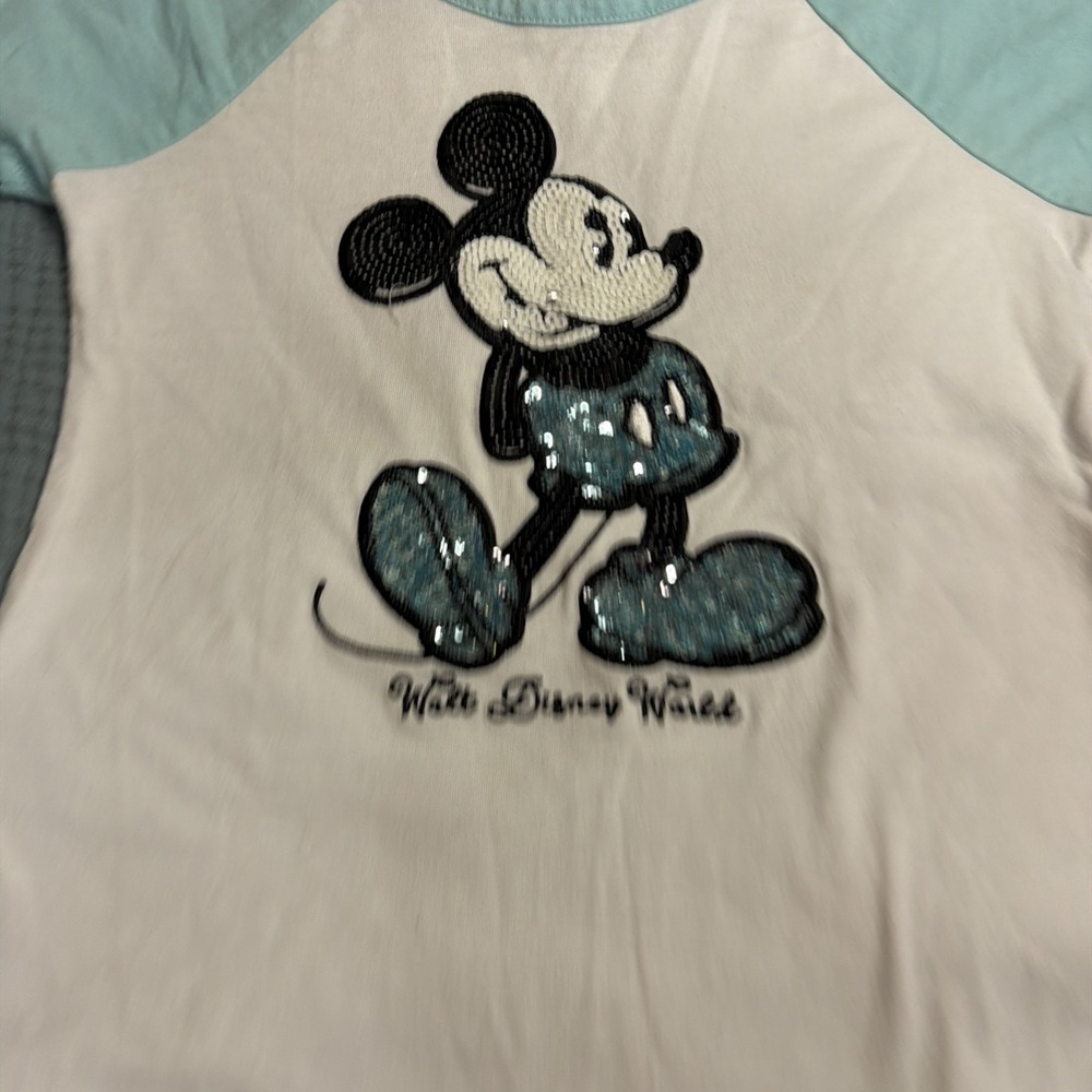 WDW‎ Mickey Mouse Sequenced Blue White Embroidered Raglan Youth Sz Medium